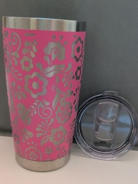 20 Oz Pink Floral Stainless Steel Tumbler with Clear Lid - New - Full 360 Etchin